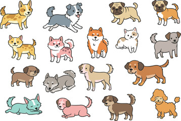 Cartoon dog character set, cute puppy illustration, vector dog collection, playful animal clipart, pet mascot design, various dog breeds, colorful puppy drawings, dog art