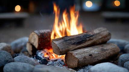 Close-up of a campfire with burning logs and bright flames.