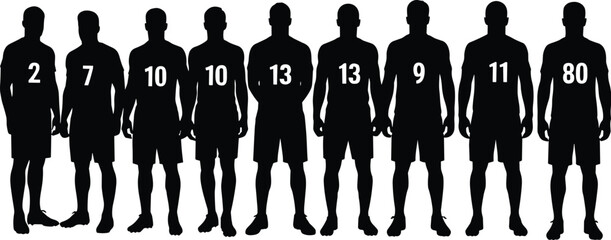 A diverse lineup of male football players silhouettes with team numbers, for soccer, sports, and athletic graphic design content.