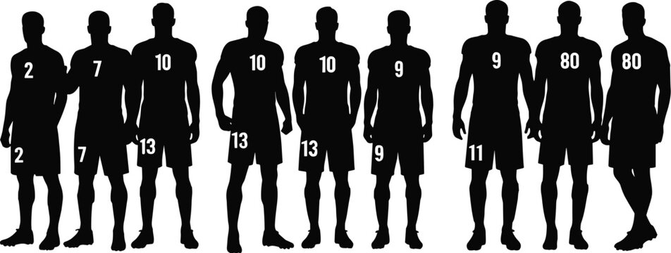A diverse lineup of male football players silhouettes with team numbers, for soccer, sports, and athletic graphic design content.