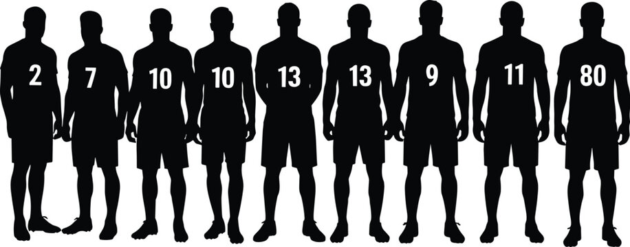 A diverse lineup of male football players silhouettes with team numbers, for soccer, sports, and athletic graphic design content. - Powered by Adobe