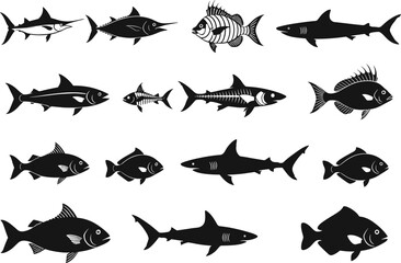 Collection of diverse fish vector illustrations featuring sharks, tuna, and other aquatic creatures, ideal for marine life and seafood designs.
