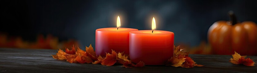 Dry leaves and candles with pumpkin concept. Warm candles illuminate a cozy autumn atmosphere with leaves.