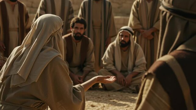 Woman telling a story to men in biblical clothes, disciples listening to a sermon outside in ancient setting footage.