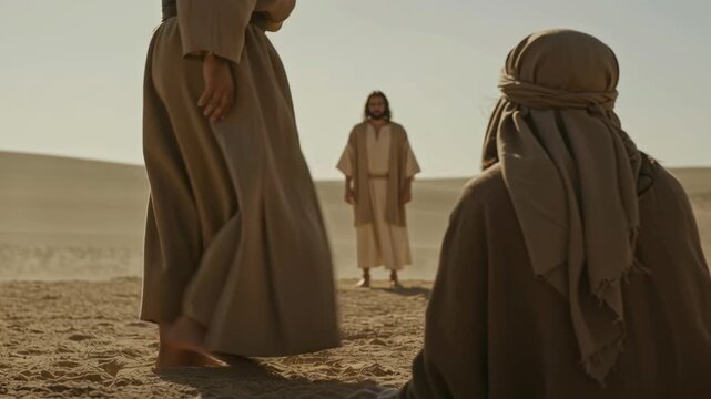 Disciple man praying to Jesus in desert. Old Testament scene. New Testament. Biblical times. Christian prayer video footage.