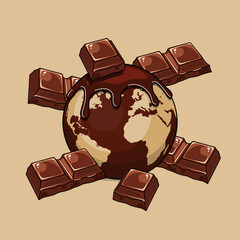 An earth made of delicious chocolate with melted chocolate on top and pieces of chocolate bars on a beige background. Perfect for celebrating International Chocolate Day on September 13th.