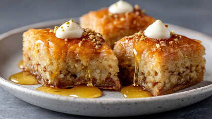 Baklava slices with nuts and syrup on a plate.