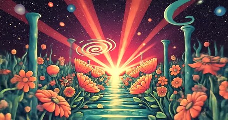 A vibrant, otherworldly garden path lined with stylized columns, filled with colorful flowers and cosmic energy. - Powered by Adobe