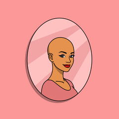 A beautiful bald woman is seen through a mirror hanging on a pink wall. Perfect for celebrating Bald is Beautiful Day on September 13th.