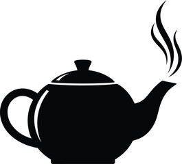 Silhouette of a teapot with steam teapot is round and has a handle, spout, lid, and knob