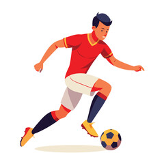 A man icon in a soccer uniform, kicking a ball, a dynamic and sporty character on a plain white background, for sports or fitness themes.