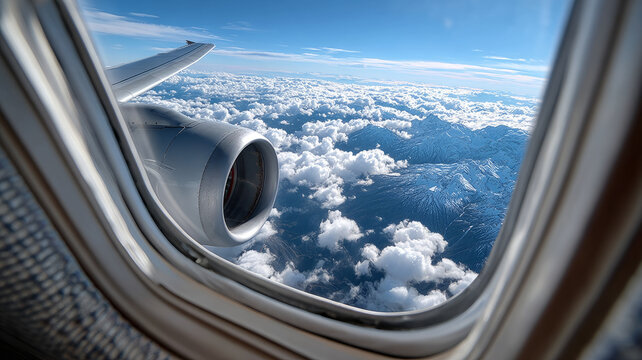 Aerial view from airplane window overlooking clouds and mountains. - Powered by Adobe