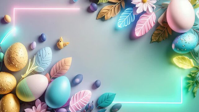 Colorful easter eggs, leaves, flowers and bunny forming frame with copy space on pastel background.