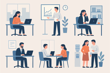 office life working employee boss pose vector illustration set