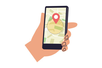 Geofencing and Location-Based Technology Illustration. A Hand Holding a Smartphone Displaying a Map with a Virtual Boundary, Highlighting Location Tracking and Service. Vector Flat Illustration