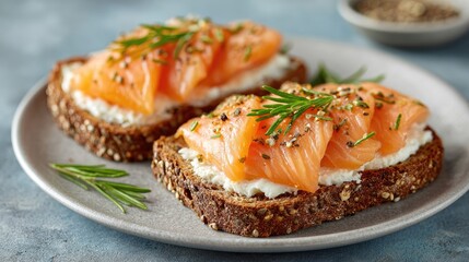 Delicious Smoked Salmon Sandwich on Whole Grain Bread with Cream Cheese and Fresh Herbs
