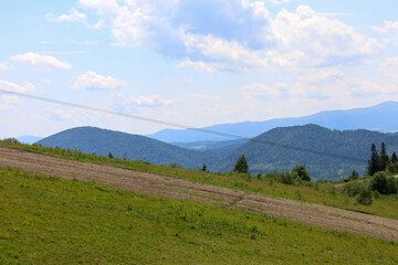 ​A majestic mountain vista unfolds, where lush green forests cloak endless hills. Gentle grassy...