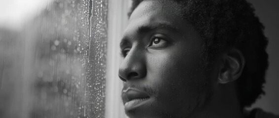 Melancholic portrait of a young african american man staring out a rain-streaked window - Powered by Adobe