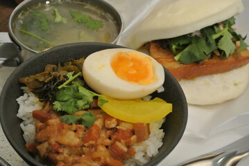chinese pork rice and bun with soup