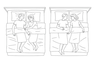 Couples Lying in Bed Illustration, Different Blanket Styles, Line Art Drawing