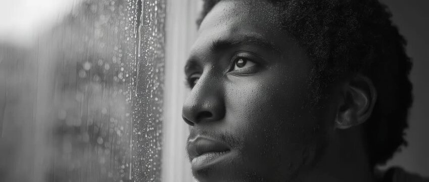 Melancholic portrait of a young african american man staring out a rain-streaked window