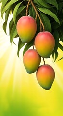 Ripe Mangoes Hanging on Branch, Vibrant Summer Fruit, Tropical Delight