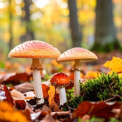 Autumn mushrooms in forest floor