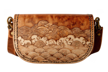 Handcrafted leather pouch with traditional japanese wave design isolated on transparent background