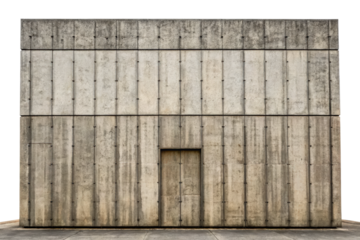 Facade of a brutalist concrete building with one door isolated with transparent background