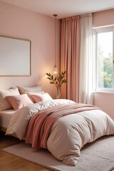 Serene bedroom decorated in calming pastel colors, plush textures, and soft lighting evokes feelings of tranquility and comfort Perfect for relaxation and peaceful sleep , inviting, sanctuary