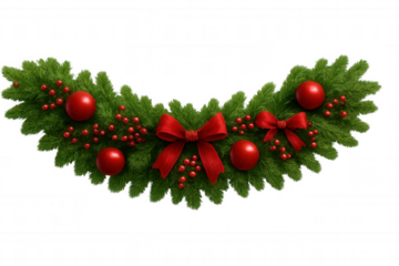 Sparkling holiday garland featuring red bows, ornaments, hanging with festive berries on clean transparent backdrop
