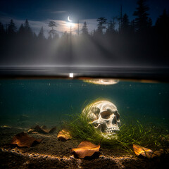 Half-underwater shot of a human skull resting on the lakebed under a moonlit, misty forest.