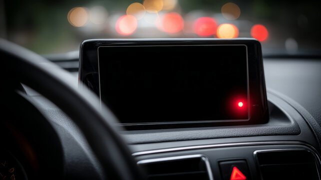 Car dashboard with a blank touchscreen, blurred traffic view - Powered by Adobe