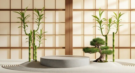 Serene Japanese zen garden display with natural bamboo and bonsai, featuring a minimalist concrete pedestal bathed in soft light.