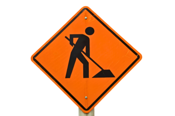 Orange diamond-shaped road work ahead warning traffic sign isolated with transparent background