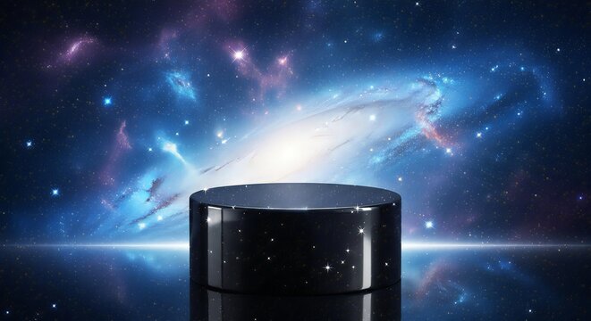 Stunning dark podium showcases product against vibrant, swirling galaxy backdrop with bright stars and nebulae, evoking cosmic wonder and infinite possibilities.