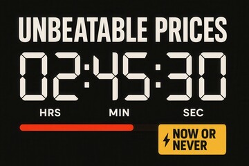 Discount banner with UNBEATABLE PRICES and NOW OR NEVER urgent offer, digital style, exciting retail promotion countdown.