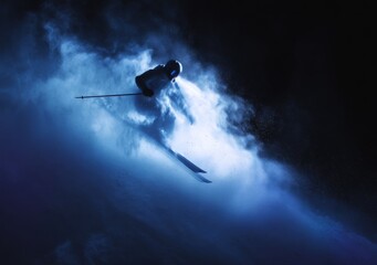 Dynamic Nighttime Skiing with Snow Spray in Motion
