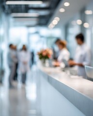 Reception counter in focus with blurred hospital or medical office background, symbolizing healthcare service and patient reception.