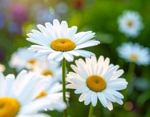 Obraz premium Delicate white daisies bloom vibrantly in a sun-drenched meadow, evoking feelings of joy and natural beauty.