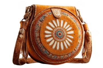 Ornate suede round shoulder bag with native american inspired beaded design isolated on transparent background