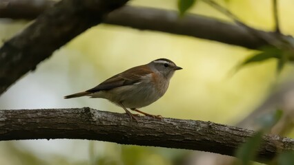Fototapeta premium A bird perches on a branch, surrounded by green leaves, presenting the lively beauty of nature.