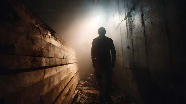 A worker in a hard hat walks through a dusty dimly lit underground passage silhouetted against a bright light with stacked wooden beams