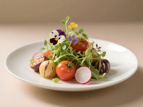 A gourmet salad with fresh cherry tomatoes, radishes, microgreens, and edible flowers on a white plate.