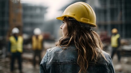 A female worker in a yellow hard hat and denim jacket overlooks a busy construction site observing the building project with her team in the