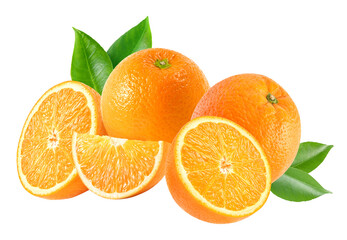 oranges and segments, decorated with green leaves on a dark background