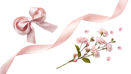 Delicate pink ribbon and floral arrangement with soft roses isolated on transparent background ideal for elegant design and romantic concepts