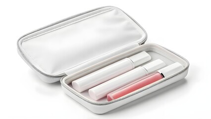 Stylish Lip Gloss Travel Kit Mockup Featuring A Blank Cosmetic Pouch Displayed Open On A Bright White Background, Perfect For Modern Cosmetic Branding, Packaging, And Product Showcase