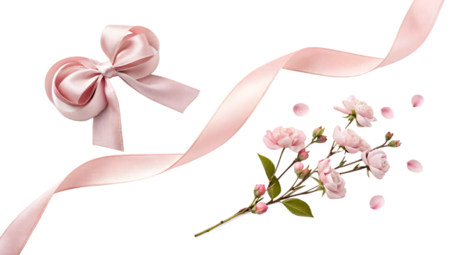 Delicate pink ribbon and floral arrangement with soft roses isolated on transparent background ideal for elegant design and romantic concepts - Powered by Adobe