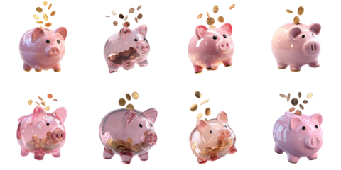 Piggy saving with coin transparent mockup in the air  isolated png with no background.